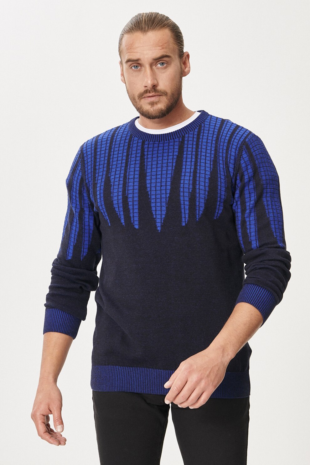 AC&Co, Pulover regular fit cu decolteu la baza gatului, Negru/Albastru royal