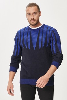 AC&Co, Pulover regular fit cu decolteu la baza gatului, Negru/Albastru royal AC&Co, Pulover regular fit cu decolteu la baza gatului, Negru/Albastru royal