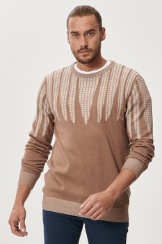 AC&Co, Pulover regular fit cu decolteu la baza gatului, Maro deschis/Crem AC&Co, Pulover regular fit cu decolteu la baza gatului, Maro deschis/Crem