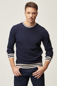 AC&Co, Pulover cu detalii in dungi, Bleumarin inchis/Crem AC&Co, Pulover cu detalii in dungi, Bleumarin inchis/Crem