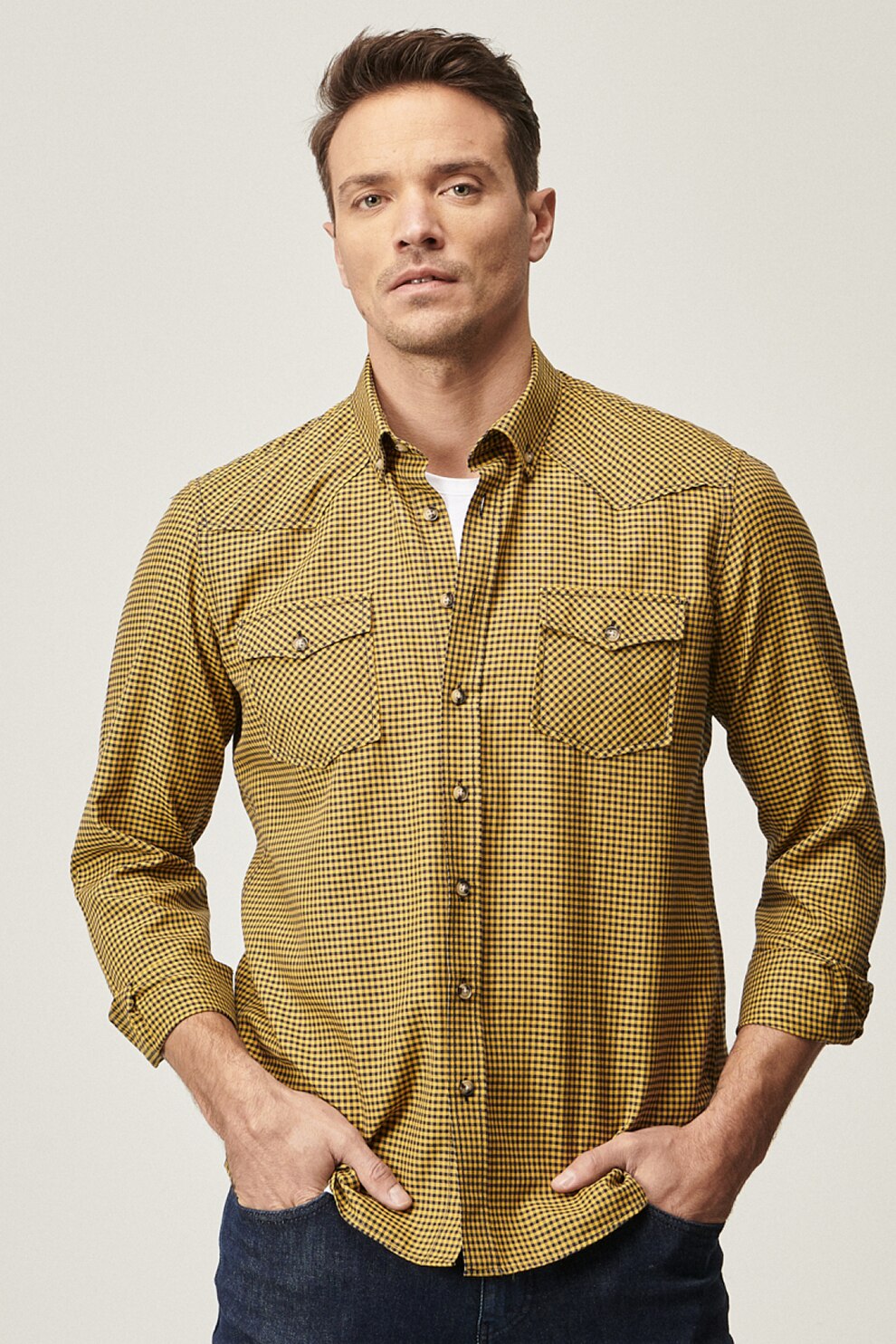 AC&Co, Camasa slim fit in carouri si buzunare pe piept, Negru/Galben mustar