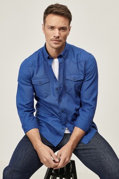 AC&Co, Camasa slim fit in carouri si buzunare pe piept, Albastru royal/negru AC&Co, Camasa slim fit in carouri si buzunare pe piept, Albastru royal/negru