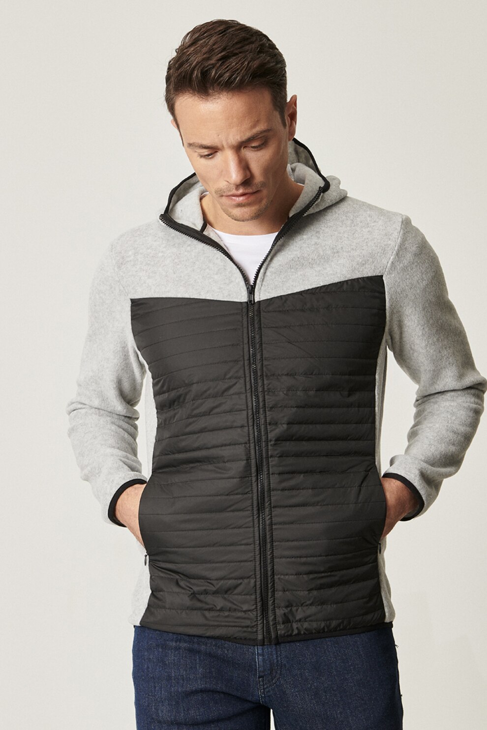 AC&Co, Hanorac cu fermoar si segmente matlasate, Gri deschis melange/Verde inchis