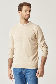 AC&Co, Pulover cu decolteu la baza gatului si terminatii striate, Bej AC&Co, Pulover cu decolteu la baza gatului si terminatii striate, Bej