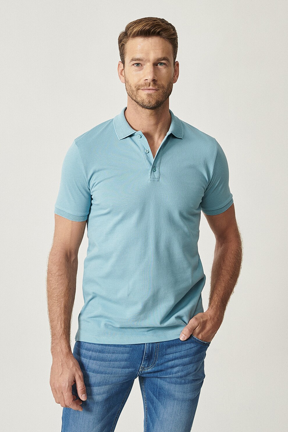 AC&Co, Tricou polo slim fit de bumbac, Albastru deschis