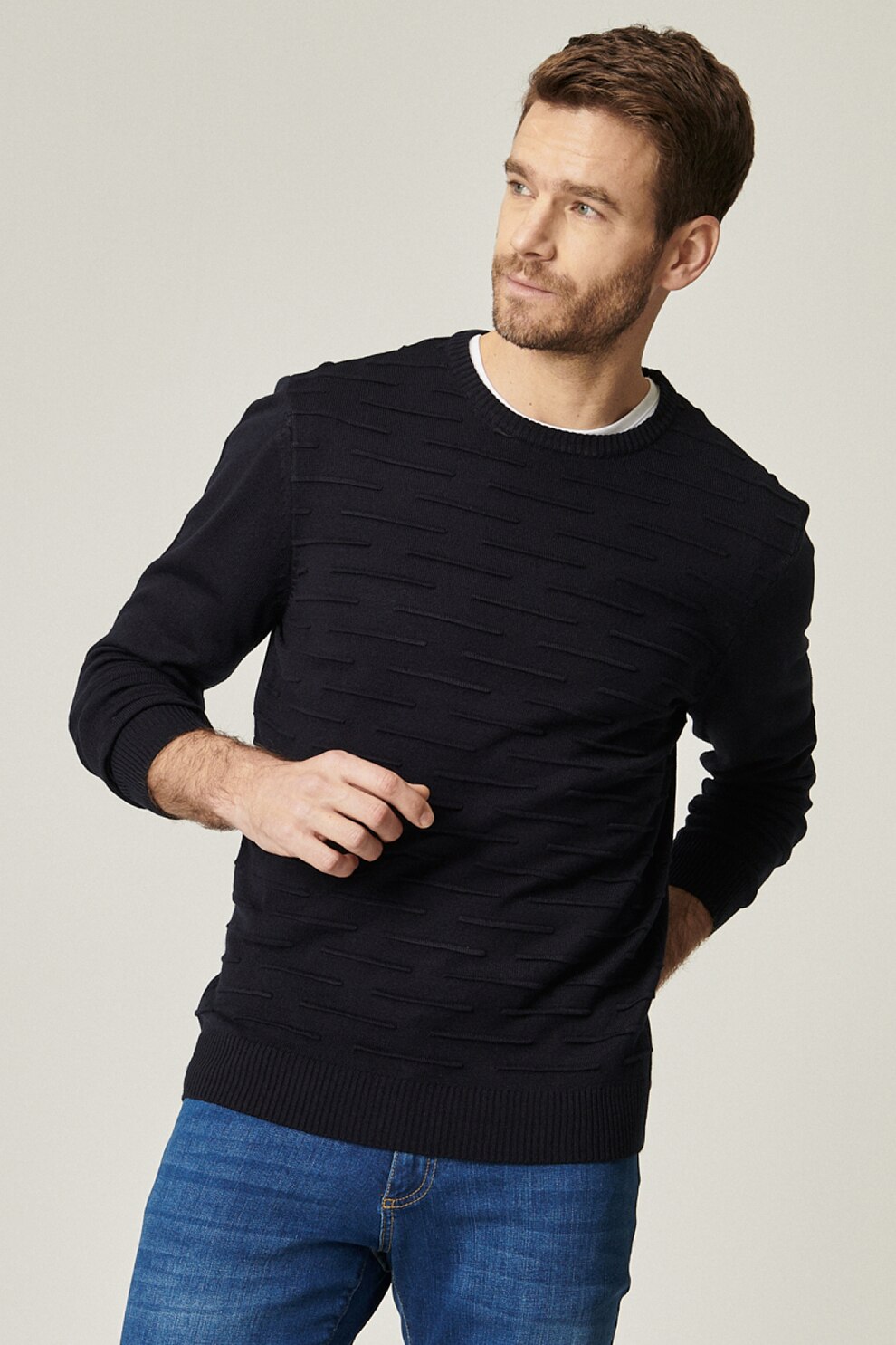 AC&Co, Pulover texturat cu decolteu la baza gatului, Bleumarin