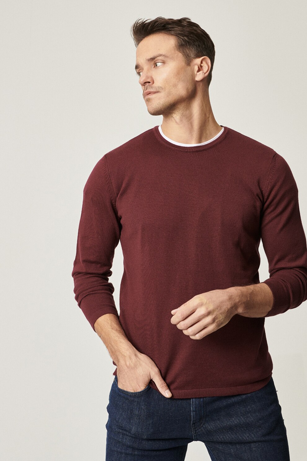 AC&Co, Pulover din amestec de bumbac cu decolteu la baza gatului, Rosu inchis