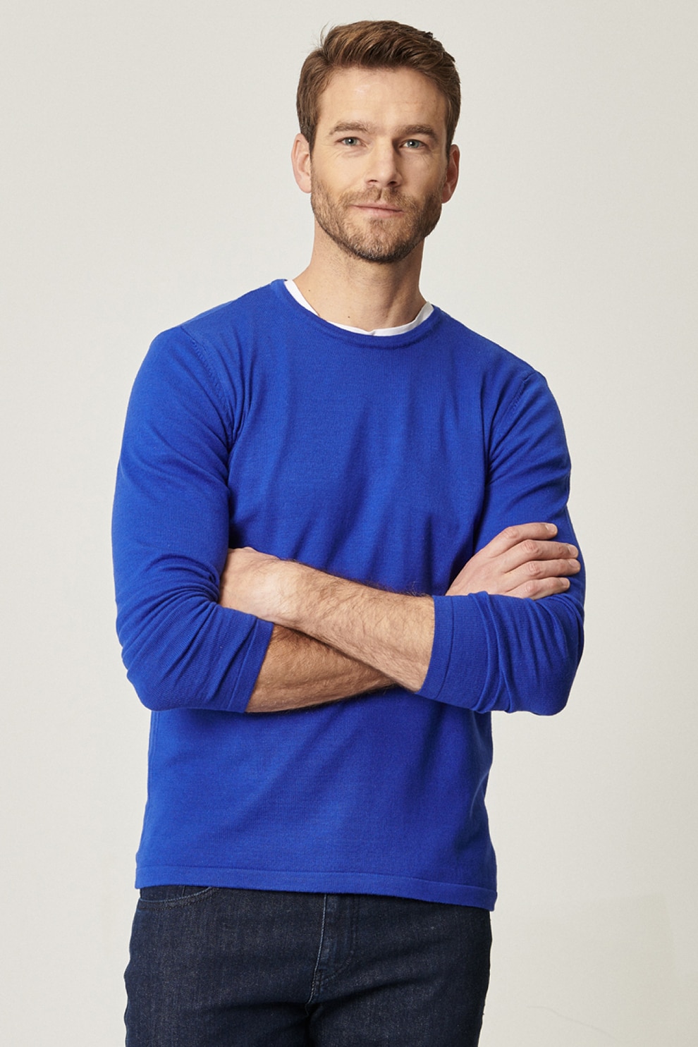 AC&Co, Pulover din amestec de bumbac cu decolteu rotund, Albastru royal