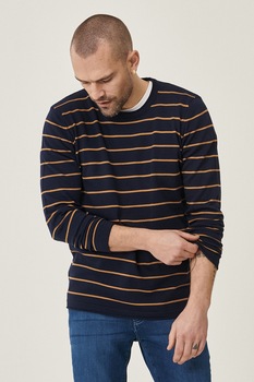 AC&Co, Pulover cu model in dungi si aspect de tricot fin, Bleumarin /Maro camel AC&Co, Pulover cu model in dungi si aspect de tricot fin, Bleumarin /Maro camel