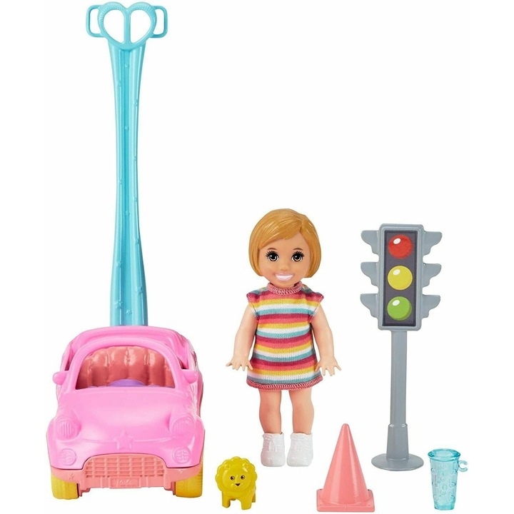 Set de joaca Barbie, Skipper, papusa cu accesorii masinuta si semafor, 20×20cm