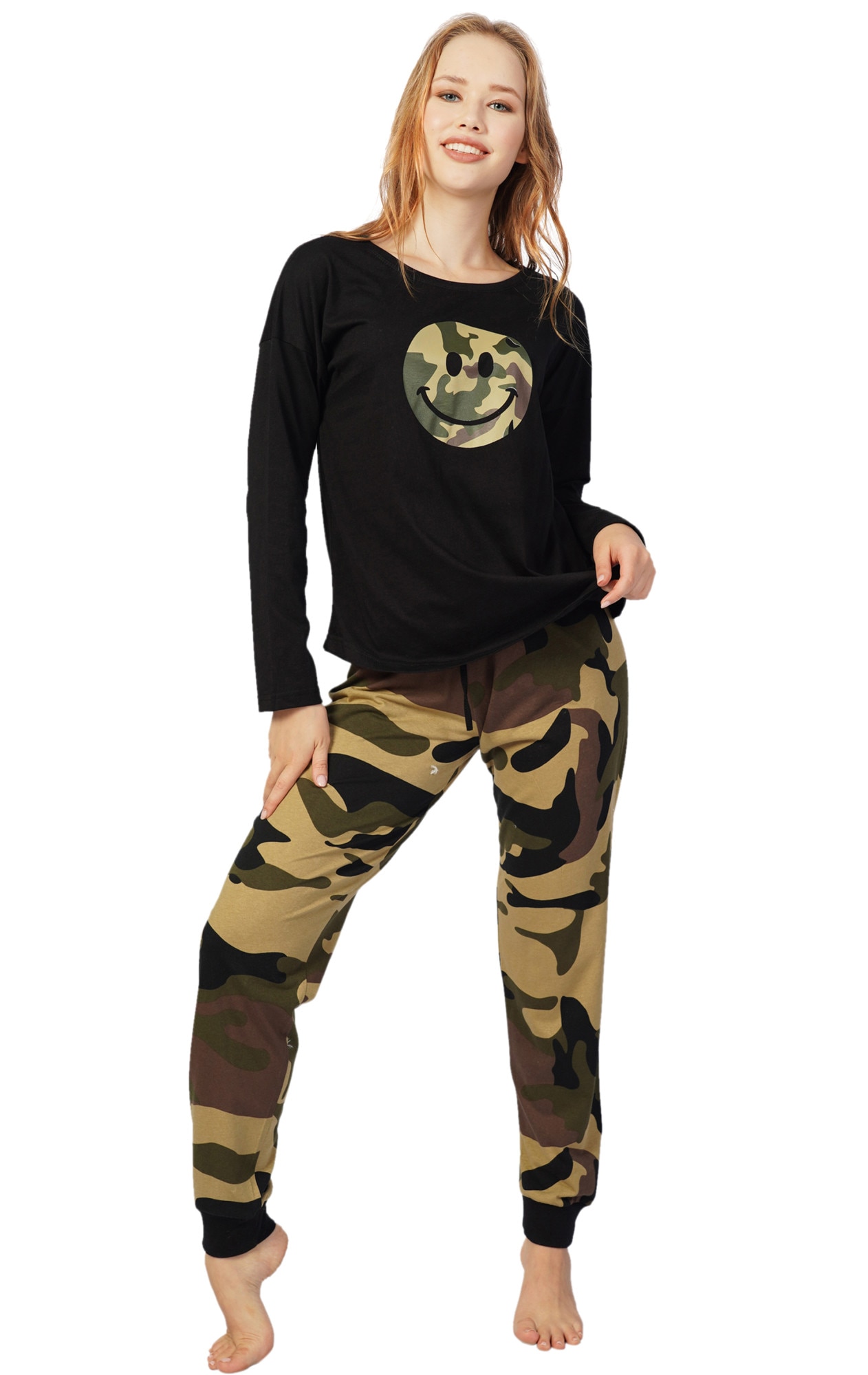 Pijama dama Vienetta, model Day of Smile, negru/camouflage