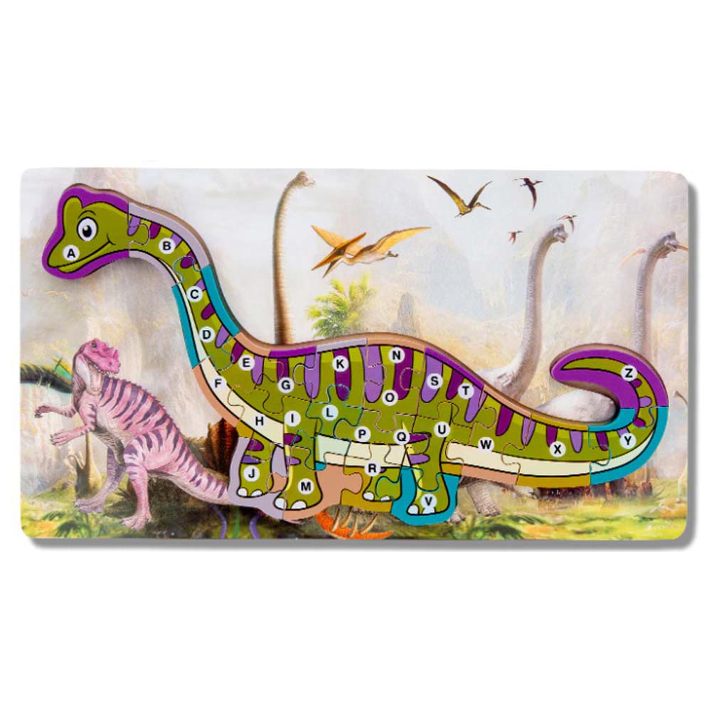 Joc Educativ, Puzzle 3D din lemn incastru – Prehistoric Dinosaurs cu litere, 20 piese, WD9553-A RCO®