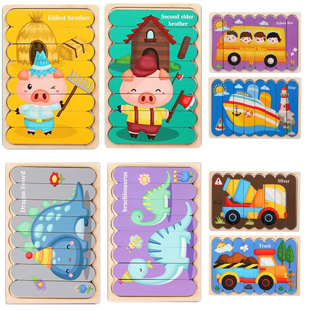 Set Puzzle betisoare din lemn, cu dubla ilustratie si suport incastru, 4buc, 32 piese, WD2050-B RCO®