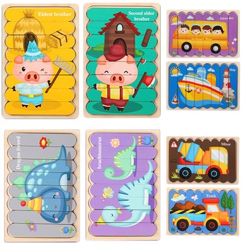 Set Puzzle betisoare din lemn, cu dubla ilustratie si suport incastru, 4buc, 32 piese, WD2050-B RCO® Set Puzzle betisoare din lemn, cu dubla ilustratie si suport incastru, 4buc, 32 piese, WD2050-B RCO®