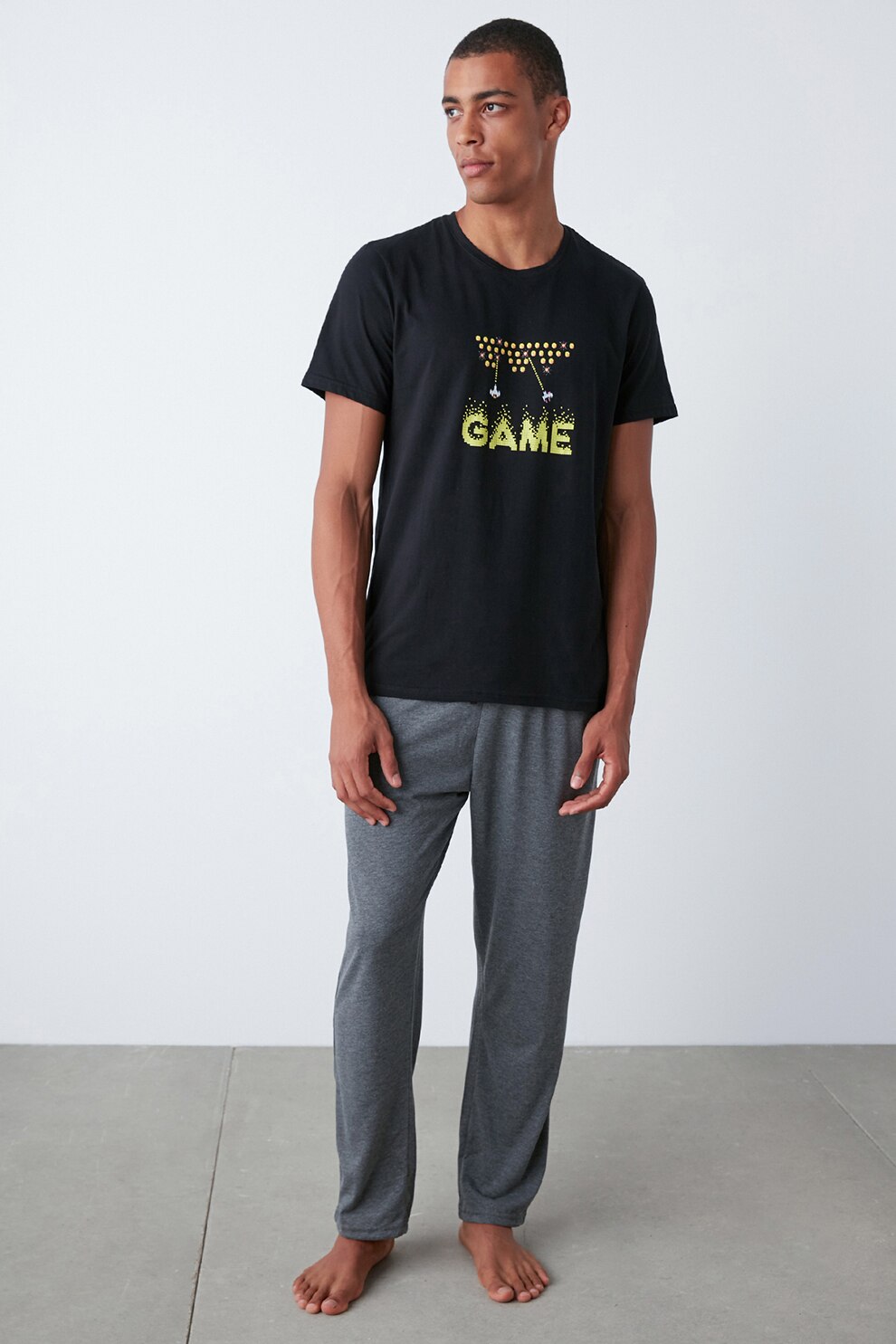 Penti, Pijama cu text, Negru/Gri melange/Galben, S