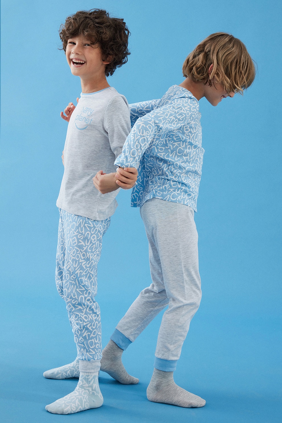 Penti, Set de pijamale cu imprimeu, 2 bucati, Albastru/Gri deschis melange/Alb