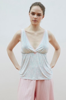 Penti, Top de pijama cu decolteu in V si insertii de dantela, Alb/Roz/Albastru Penti, Top de pijama cu decolteu in V si insertii de dantela, Alb/Roz/Albastru