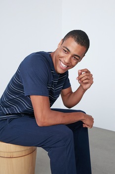 Penti, Pijama din bumbac cu maneci raglan, Bleumarin/Negru/Alb Penti, Pijama din bumbac cu maneci raglan, Bleumarin/Negru/Alb