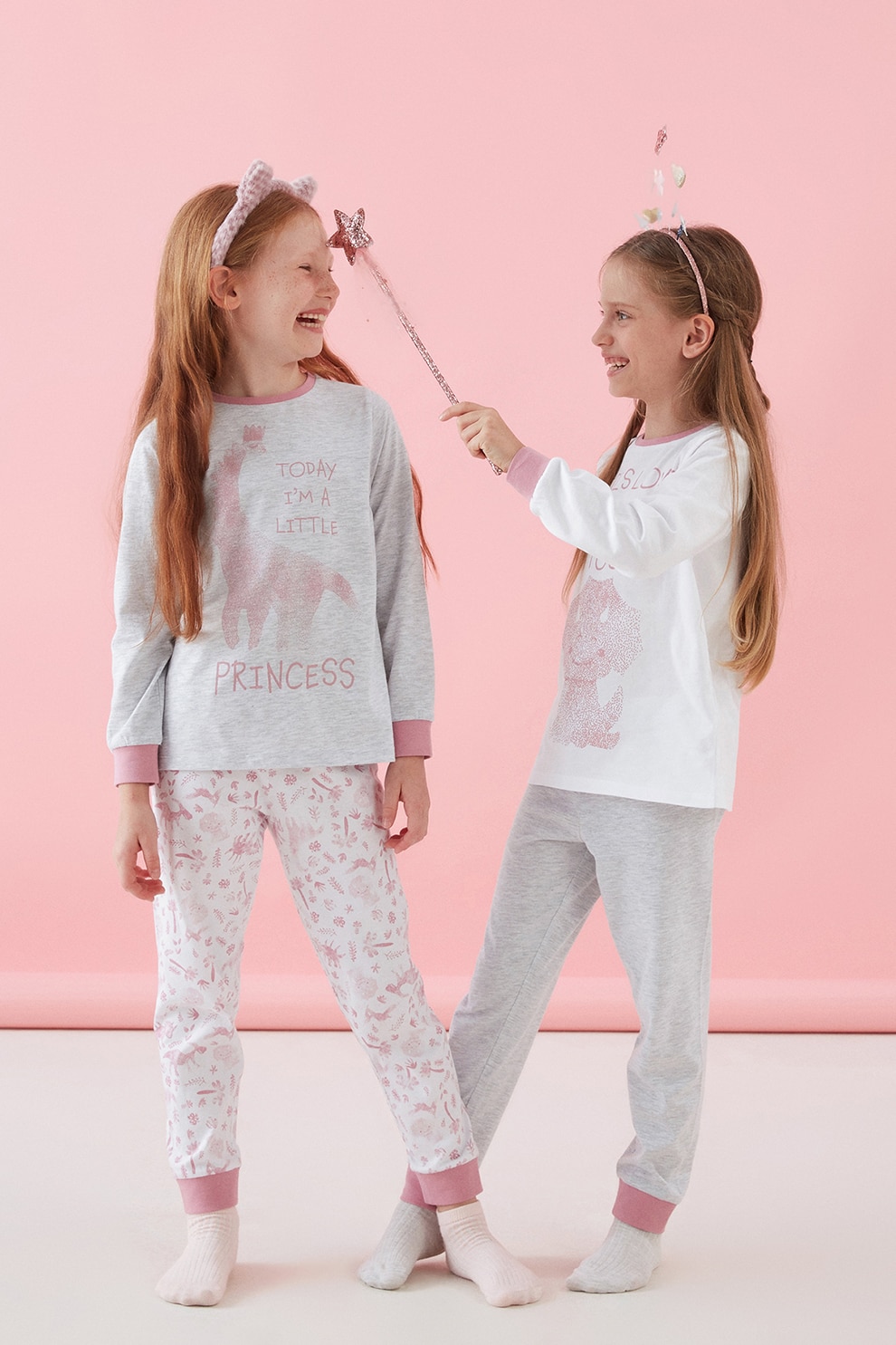 Penti, Set de pijamale din bumbac cu imprimeu - 4 piese, Gri deschis melange/alb/roz prafuit