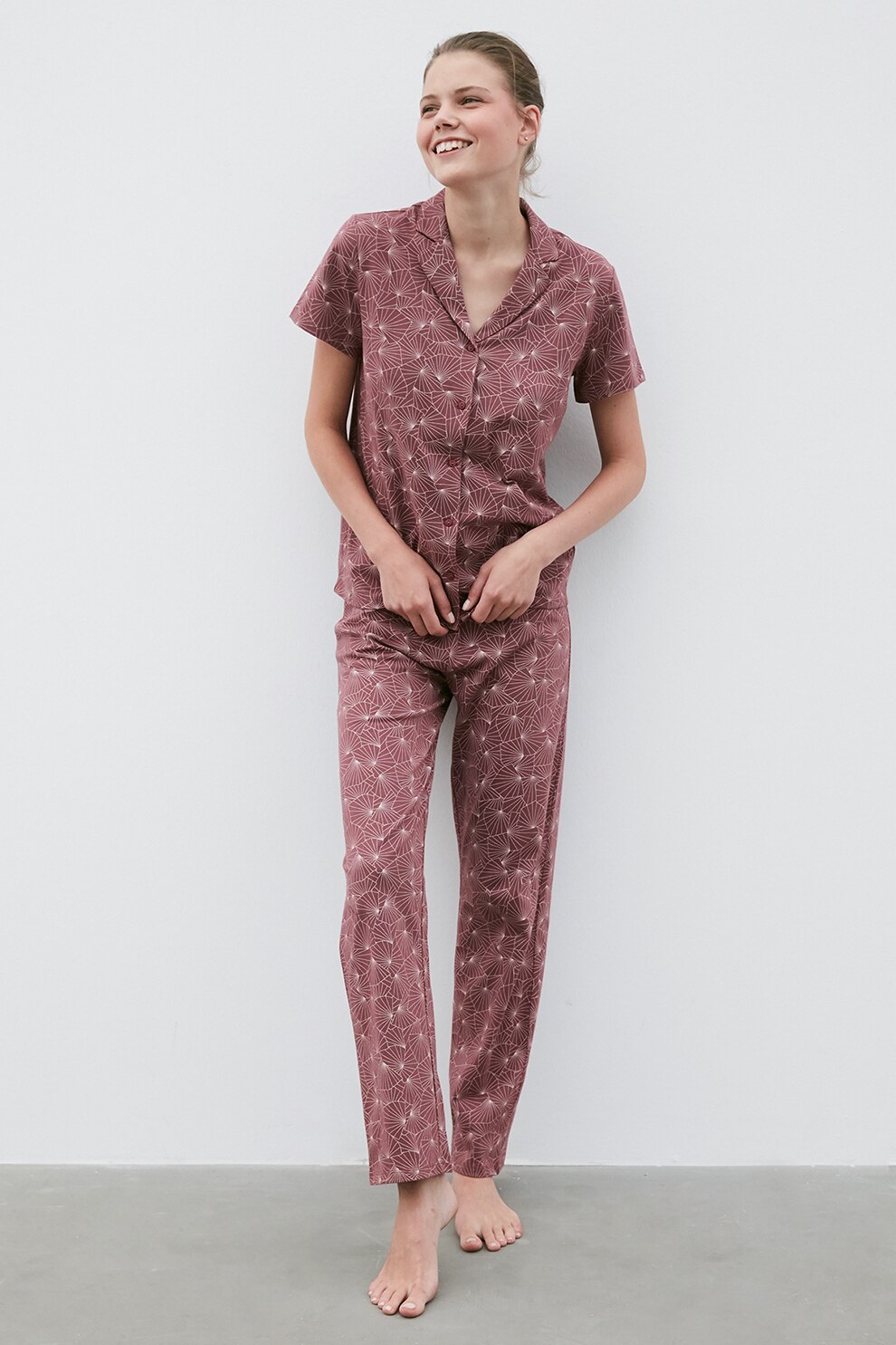 Penti, Camasa de pijama cu imprimeu si revere decupate, Violet pruna/Alb