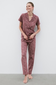 Penti, Camasa de pijama cu imprimeu si revere decupate, Violet pruna/Alb Penti, Camasa de pijama cu imprimeu si revere decupate, Violet pruna/Alb