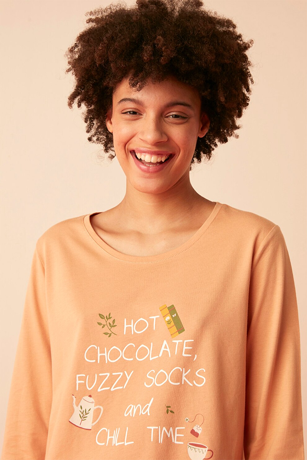 Penti, Pijama cu bluza cu imprimeu si pantaloni, Bej/Alb