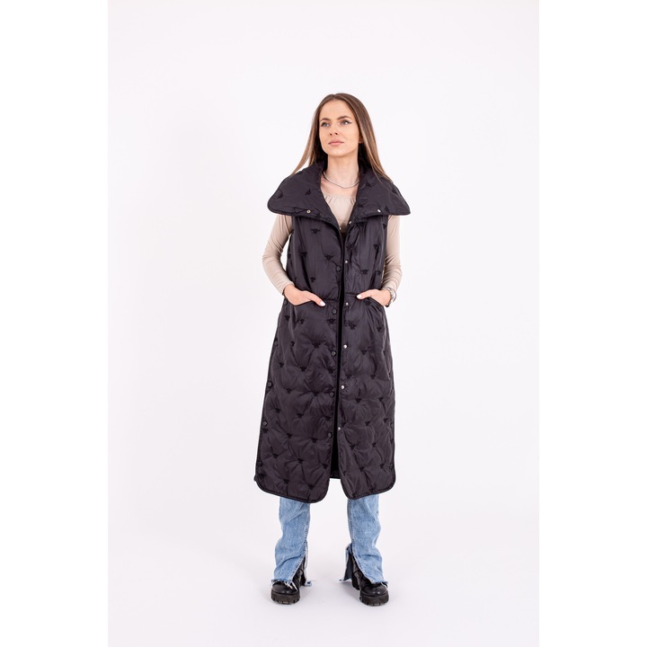 Vesta dama lunga cu capse laterale, Neagra, L