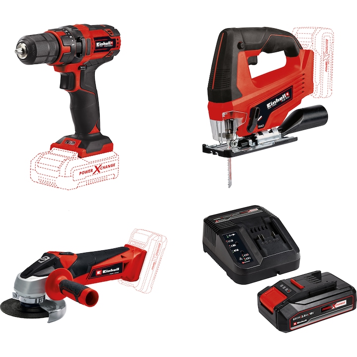 Комплект Einhell акумулаторна бормашина PXC TC-CD 18/35 + Акумулаторен прободен трион PXC TC-JS 18 + Акумулаторен ъглошлайф PXC TC-AG 18/115 + Starter Kit PXC акумулатор 18 V, 2.5 Ah, зарядно