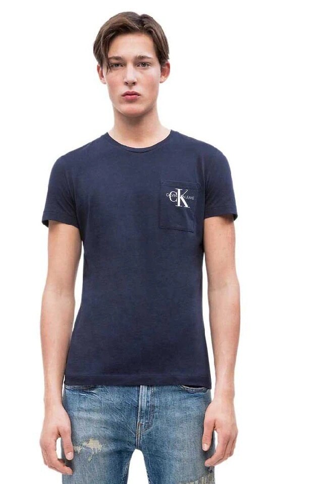 Tricou , Calvin Klein , Regular fit , Cu buzunar pe piept, Bleumarin