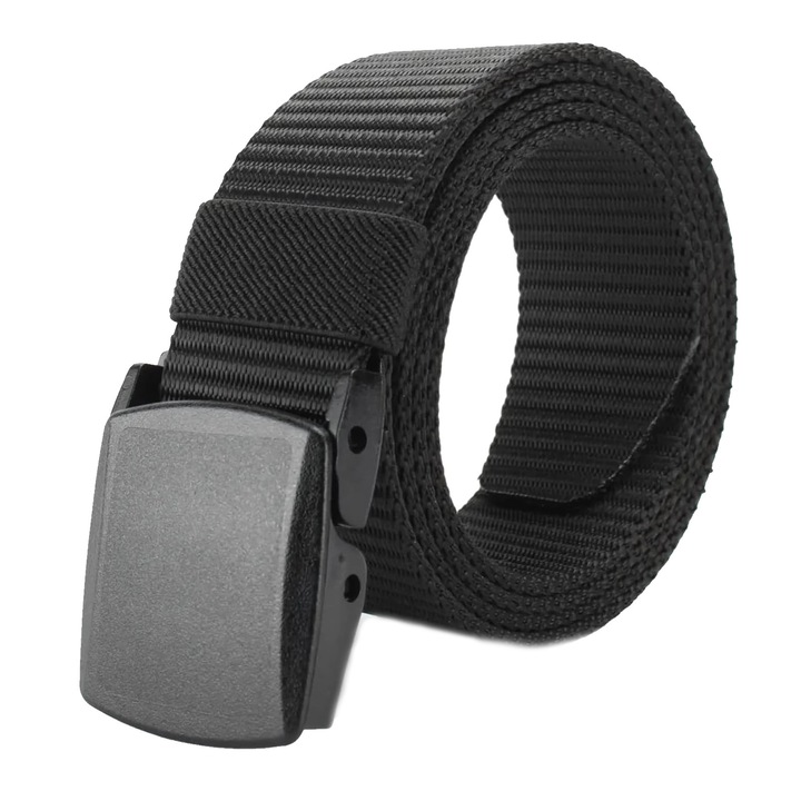 Curea barbati, NUODWELL, Curea tactica din nylon ajustabila, Design fara gauri, Confortabil respirabil, Rezistenta la uzura si rezistenta la zgarieturi, Usor de pus si scos, Nylon/Plastic, 120 cm, Negru
