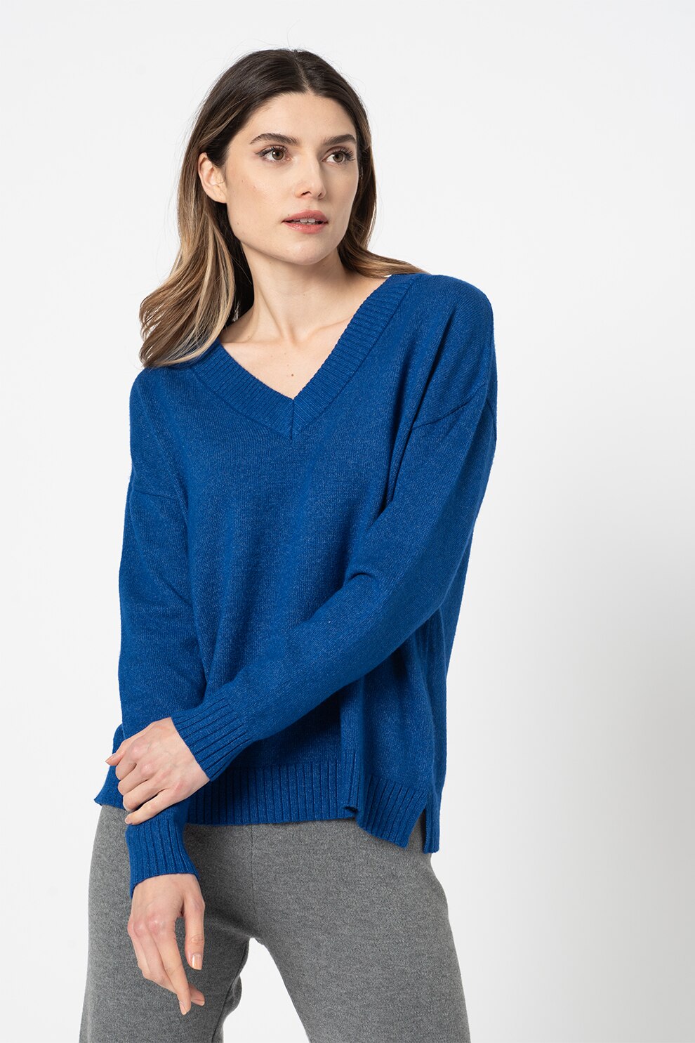 Vila, Pulover cu decolteu in V Ril, Albastru royal, L