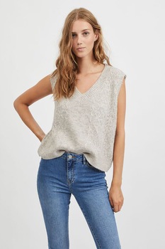 Vila, Vesta lejera cu decolteu in V si model cu torsade, Gri deschis melange Vila, Vesta lejera cu decolteu in V si model cu torsade, Gri deschis melange