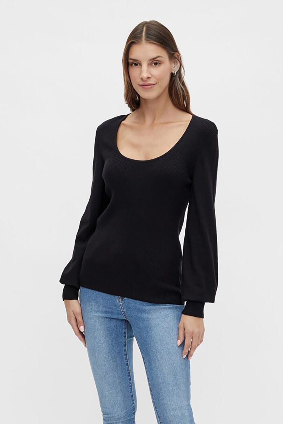 Vila, Pulover slim fit cu decolteu adanc, Negru