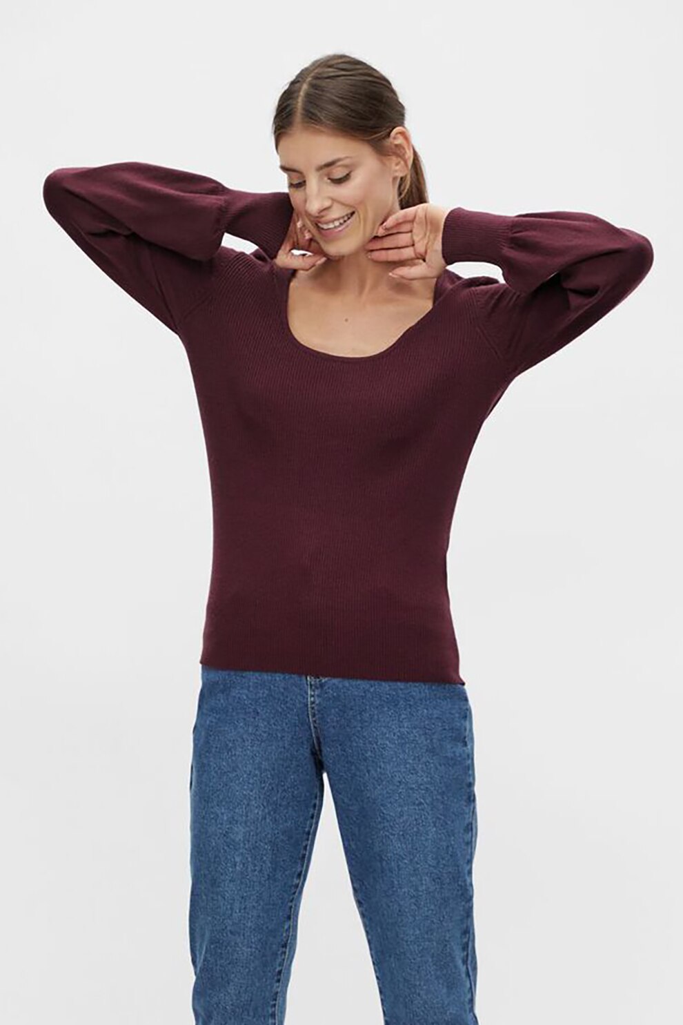 Vila, Pulover slim fit cu decolteu adanc, Violet pruna