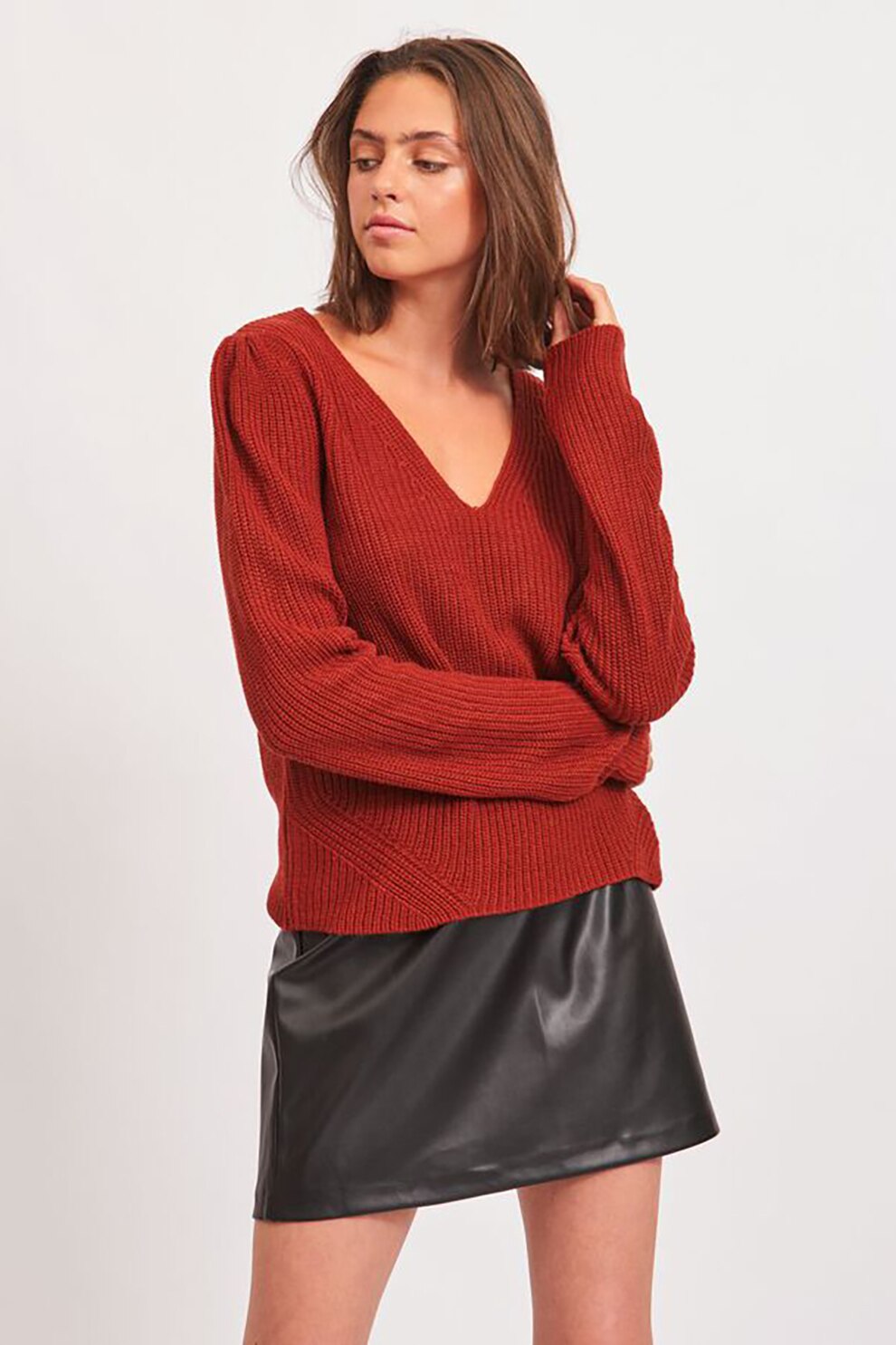 Vila, Pulover lejer cu decolteu in V, Rosu caramiziu