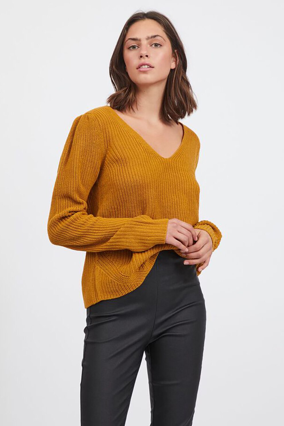 Vila, Pulover lejer cu decolteu in V, Maro caramel