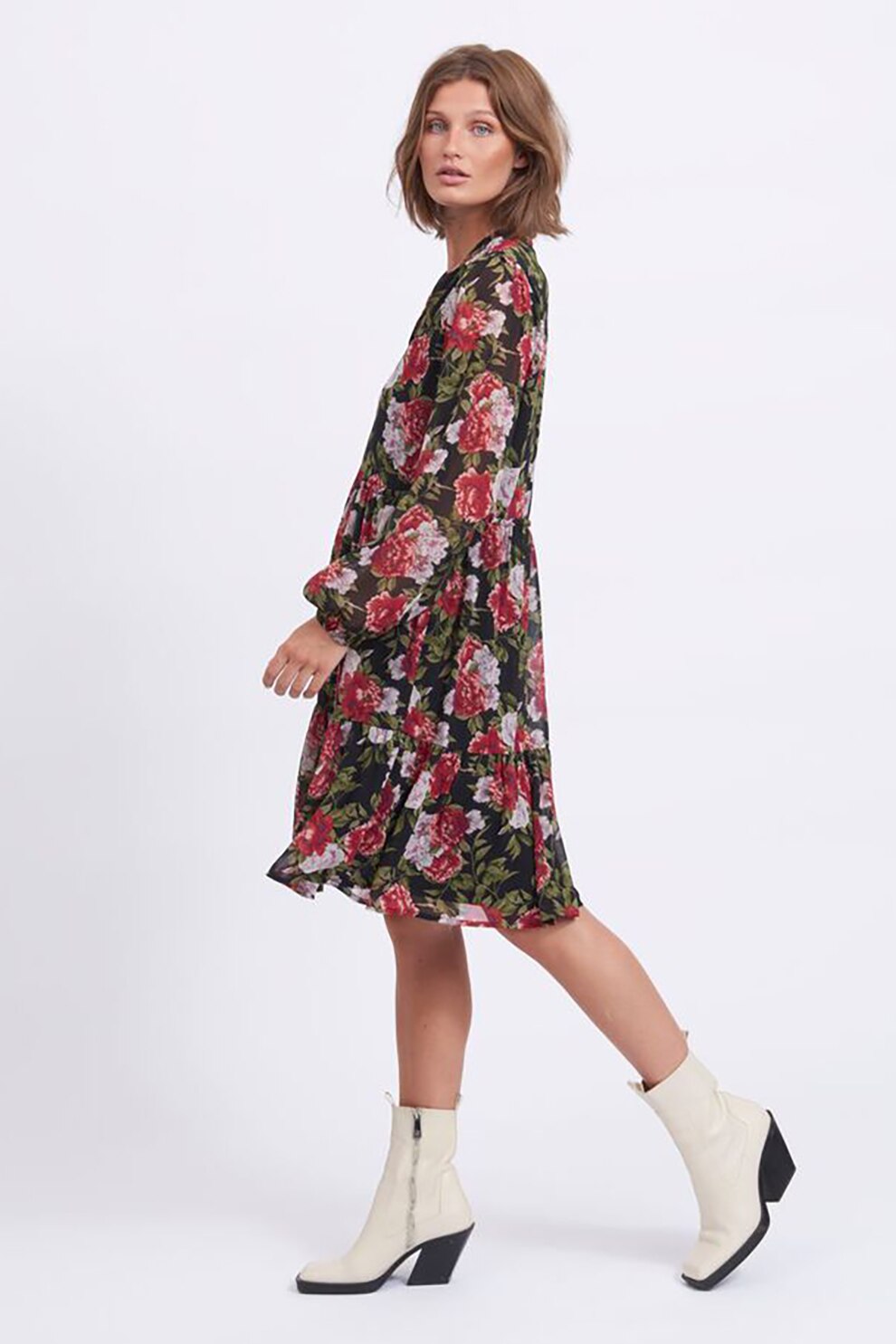 Vila, Rochie midi cu imprimeu floral, Negru/Verde oliv/Rosu