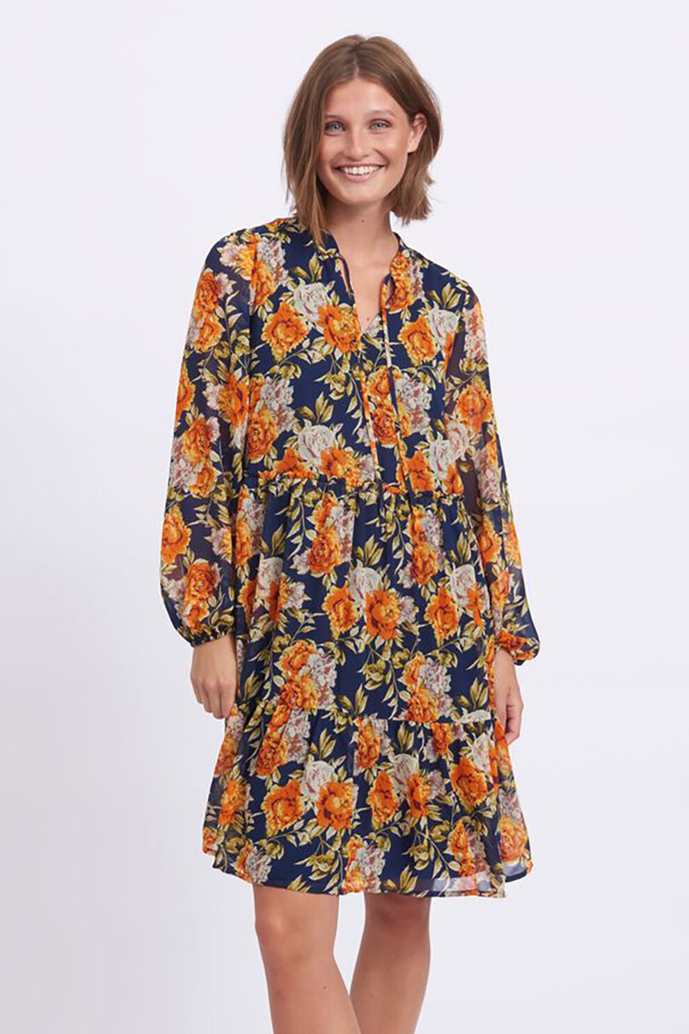 Vila, Rochie midi cu imprimeu floral, bleumarin, oranj, alb fildes