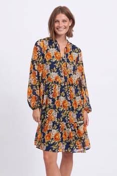 Vila, Rochie midi cu imprimeu floral, bleumarin, oranj, alb fildes Vila, Rochie midi cu imprimeu floral, bleumarin, oranj, alb fildes