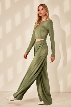 Trendyol, Set de bluza crop si pantaloni ampli, Verde menta