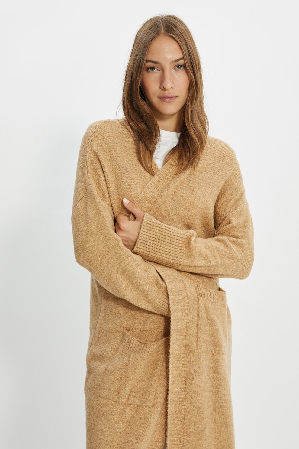 Trendyol, Cardigan lung cu buzunare frontale, maro melange