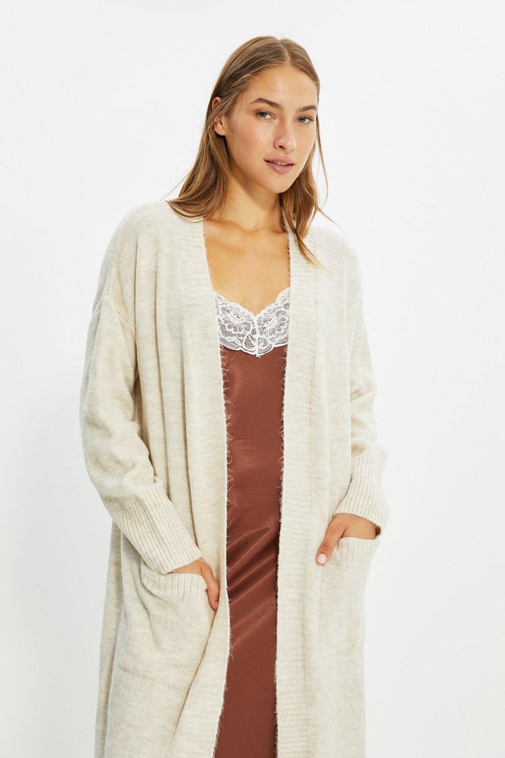 Trendyol, Cardigan lung cu buzunare frontale, Maro nisip