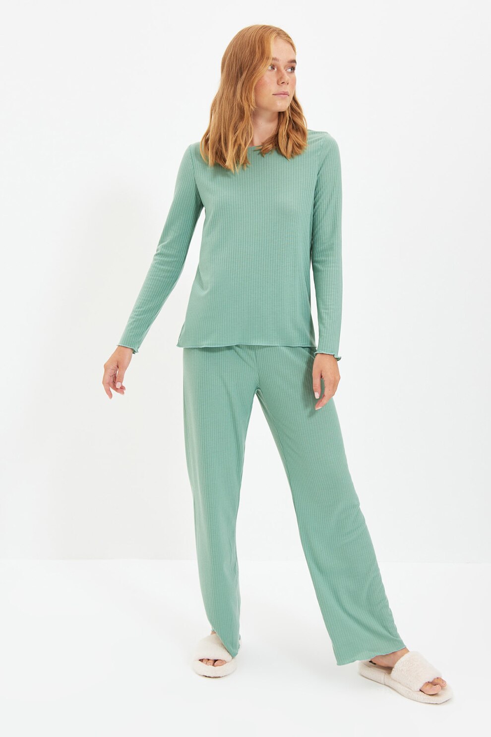 Trendyol, Pijama lunga cu aspect striat, Verde menta