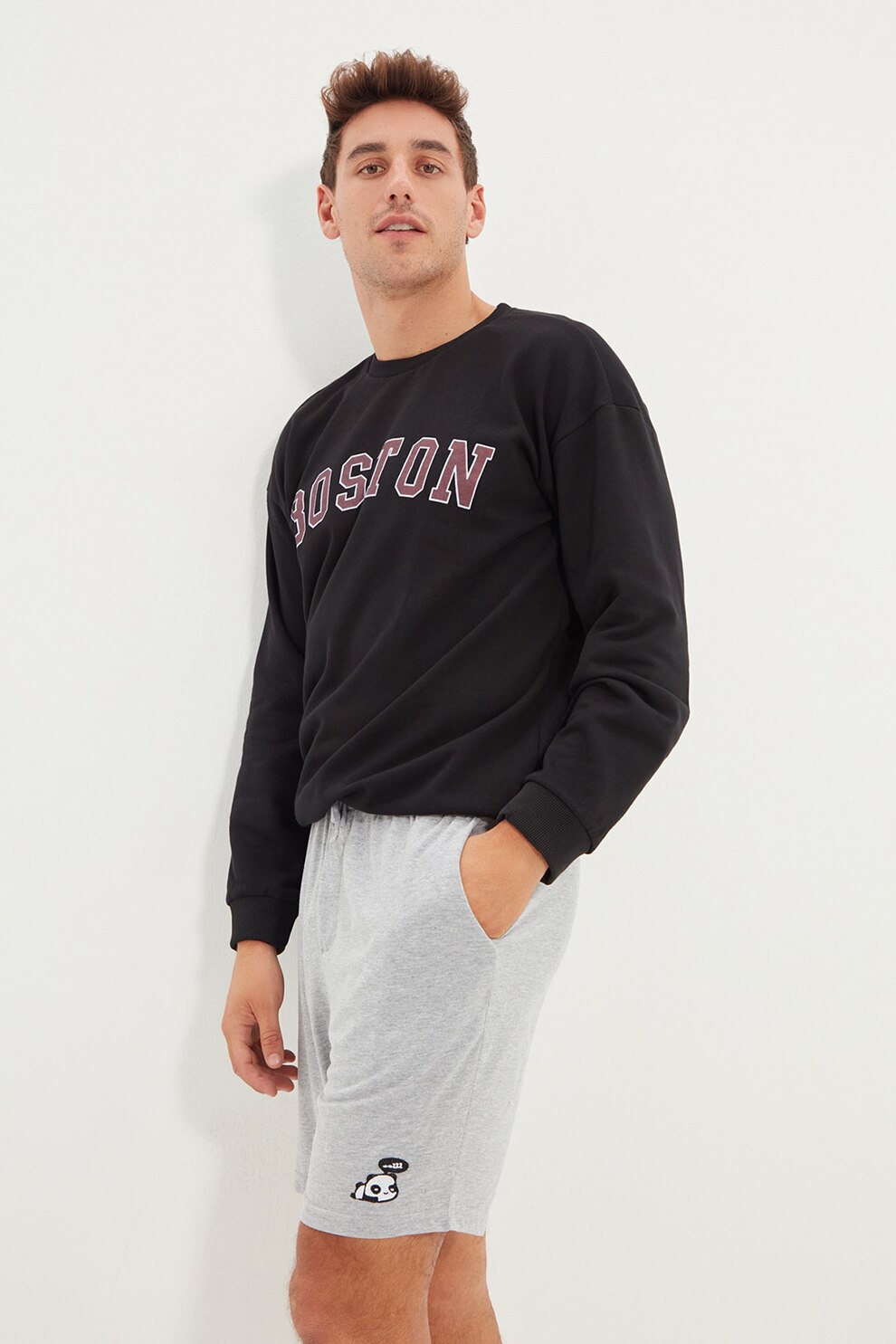 Trendyol, Pantaloni sport cu detaliu brodat, Gri melange