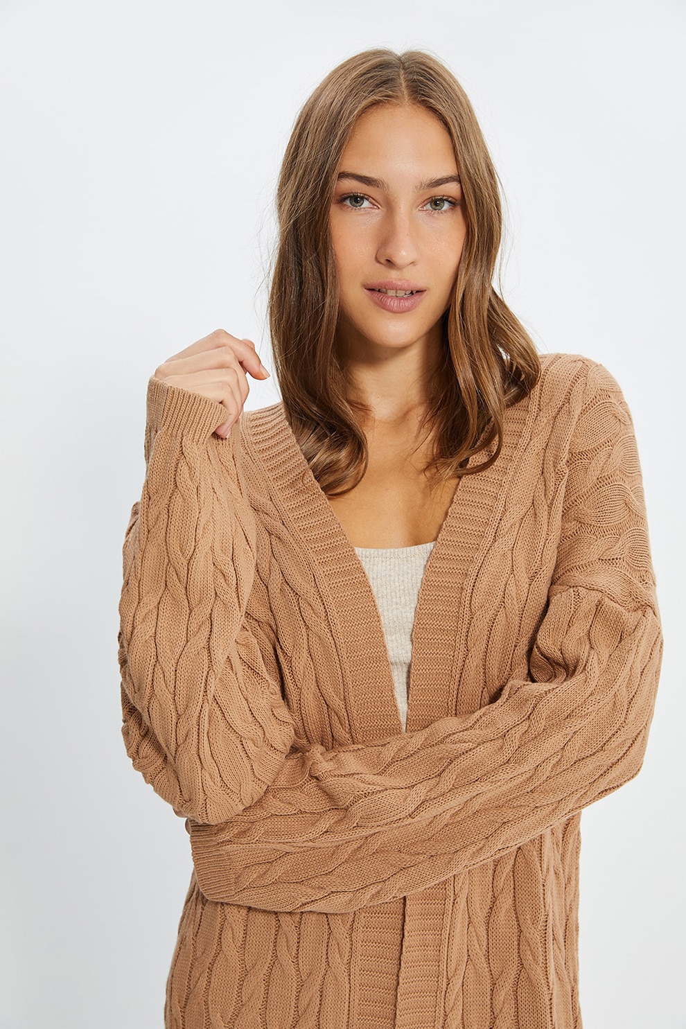 Trendyol, Cardigan lung tricotat fin cu decupaje, Maro caramel