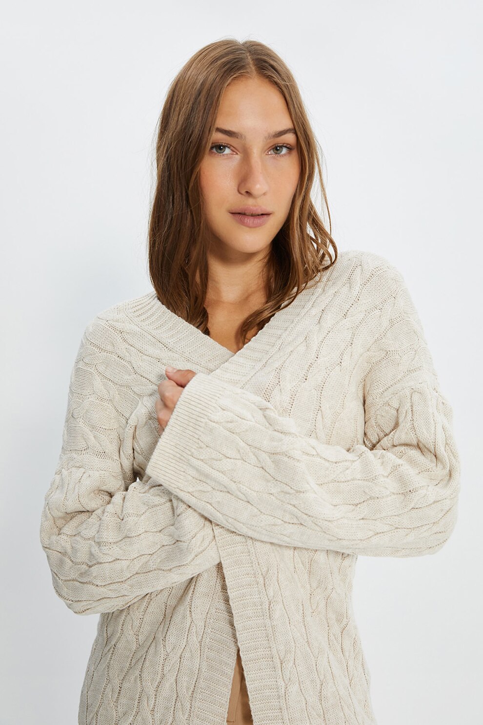 Trendyol, Cardigan lung tricotat fin cu decupaje, Maro nisip