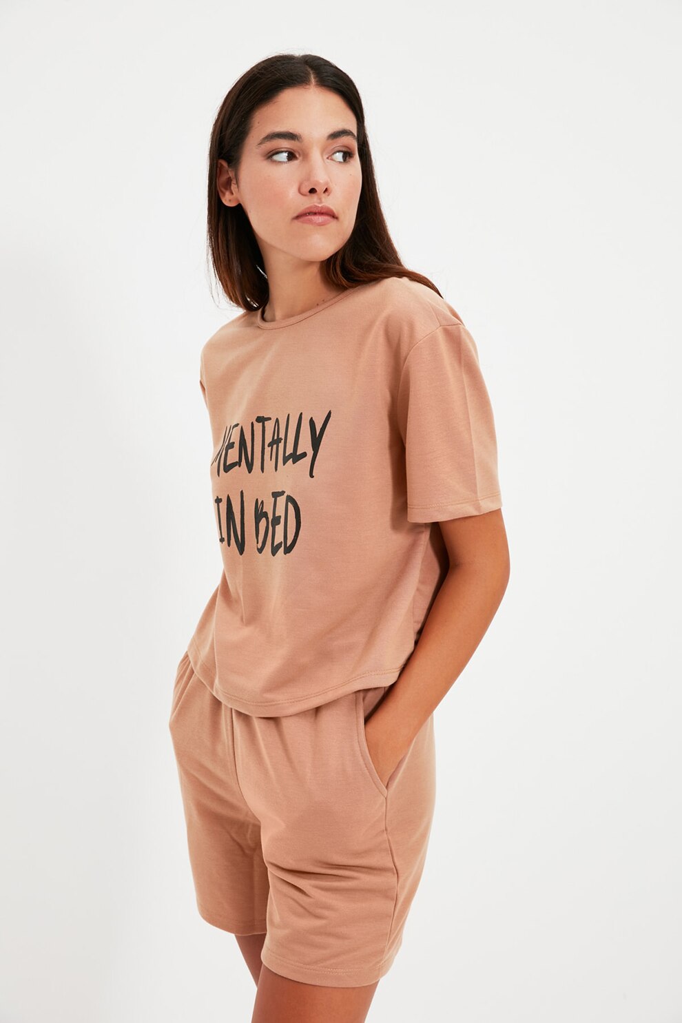 Trendyol, Pijama scurta cu imprimeu text, Oranj/Negru