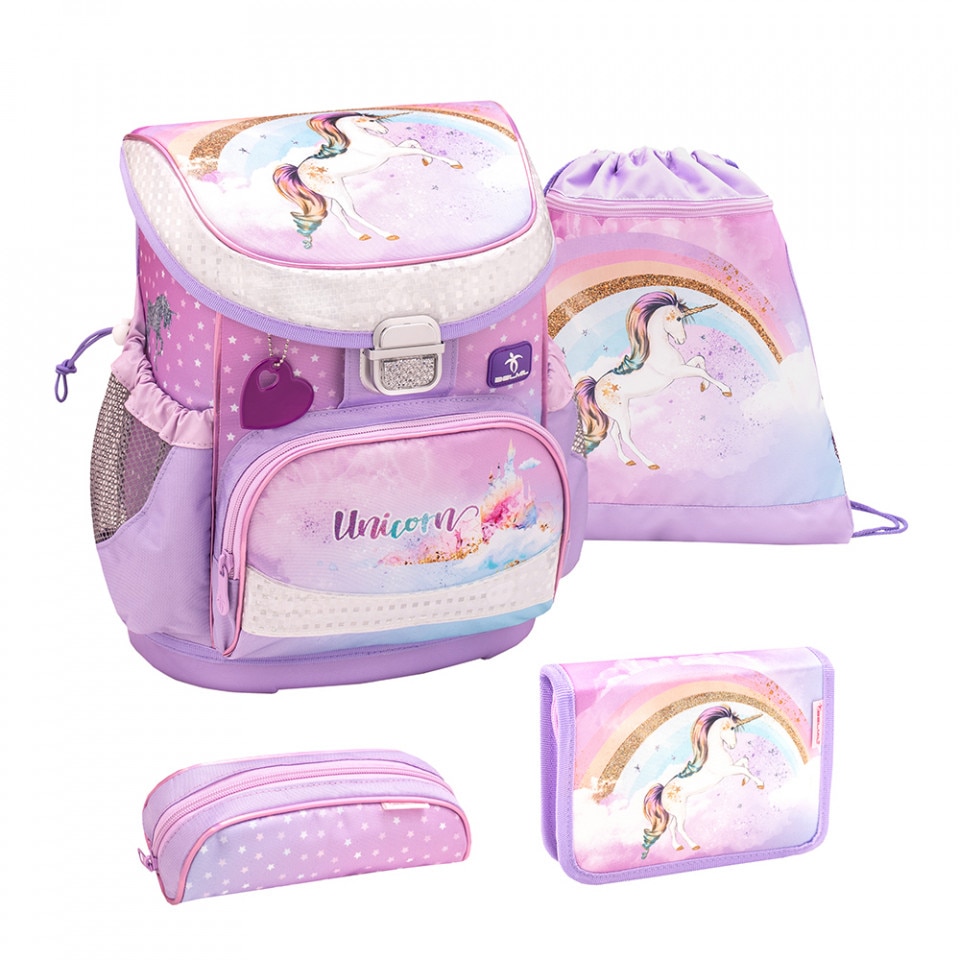 Set Ghiozdan scoala 4 piese, Belmil Mini Fit, cu sac de umar pentru echipament si doua Penare, model Unicorn Curcubeu