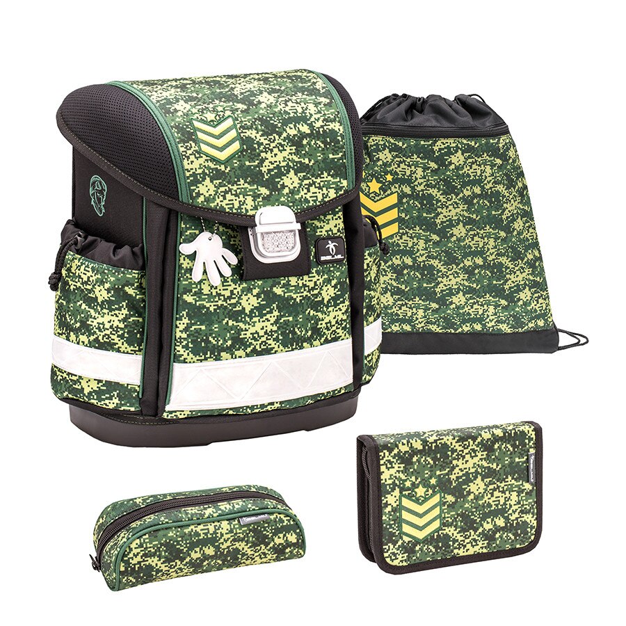 Set Ghiozdan scoala 4 piese, Belmil Classy, cu sac de umar pentru echipament si doua Penare, model Camuflaj verde