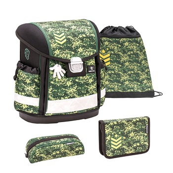 Set Ghiozdan scoala 4 piese, Belmil Classy, cu sac de umar pentru echipament si doua Penare, model Camuflaj verde Set Ghiozdan scoala 4 piese, Belmil Classy, cu sac de umar pentru echipament si doua Penare, model Camuflaj verde